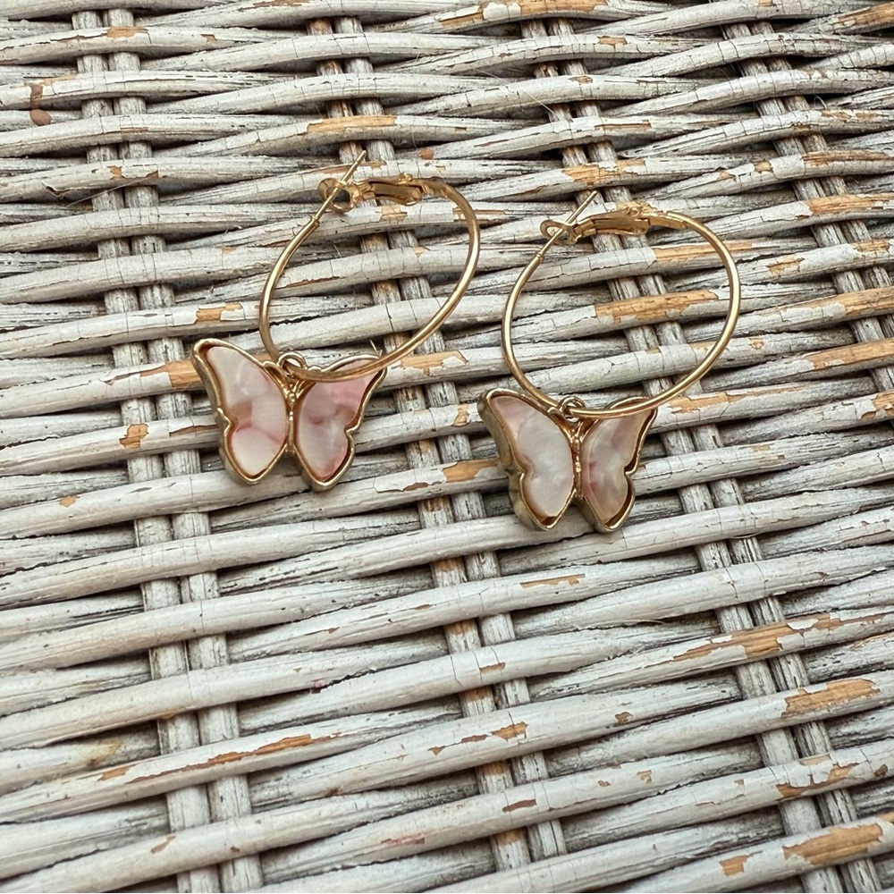 Pink Butterfly Stone Hoop Earrings